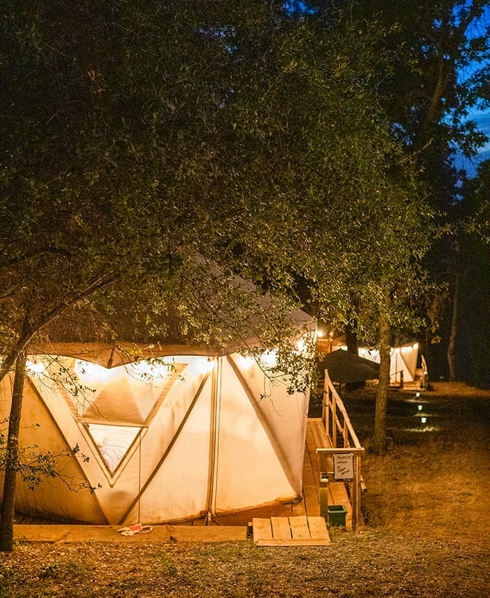 the exterior of blackberry yurt during the night